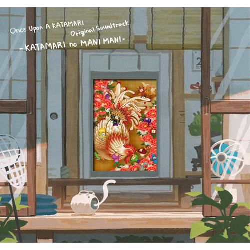 Front cover artwork for the vinyl soundtrack showing a window scene with a framed colorful Katamari illustration and title text.