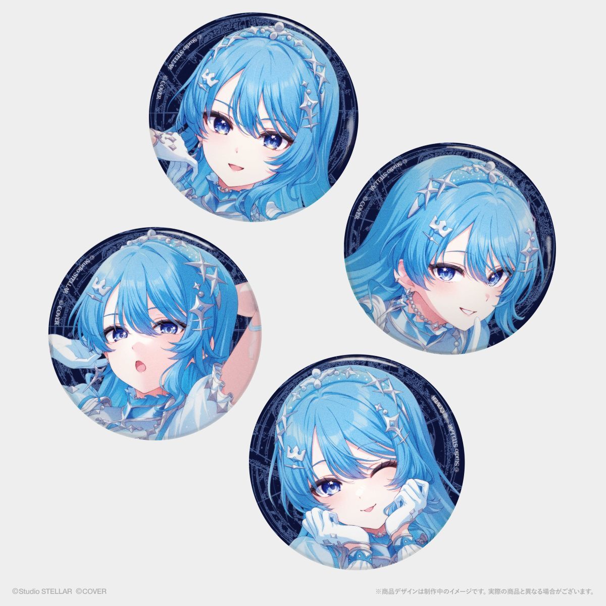 Four round can badges displaying different blue-haired character illustrations on a pale background.