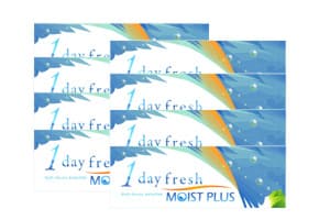 Eight boxes of 1 day fresh MOIST PLUS contact lenses shown in their packaging.