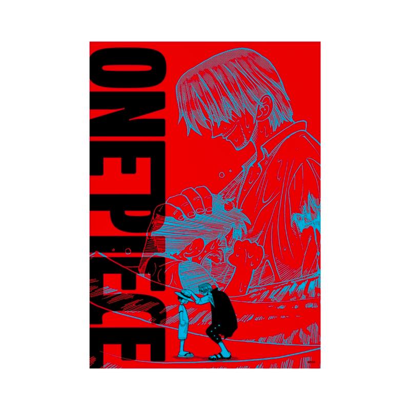 A red-and-blue stylized illustration of two characters with vertical "ONE PIECE" text on the art card.