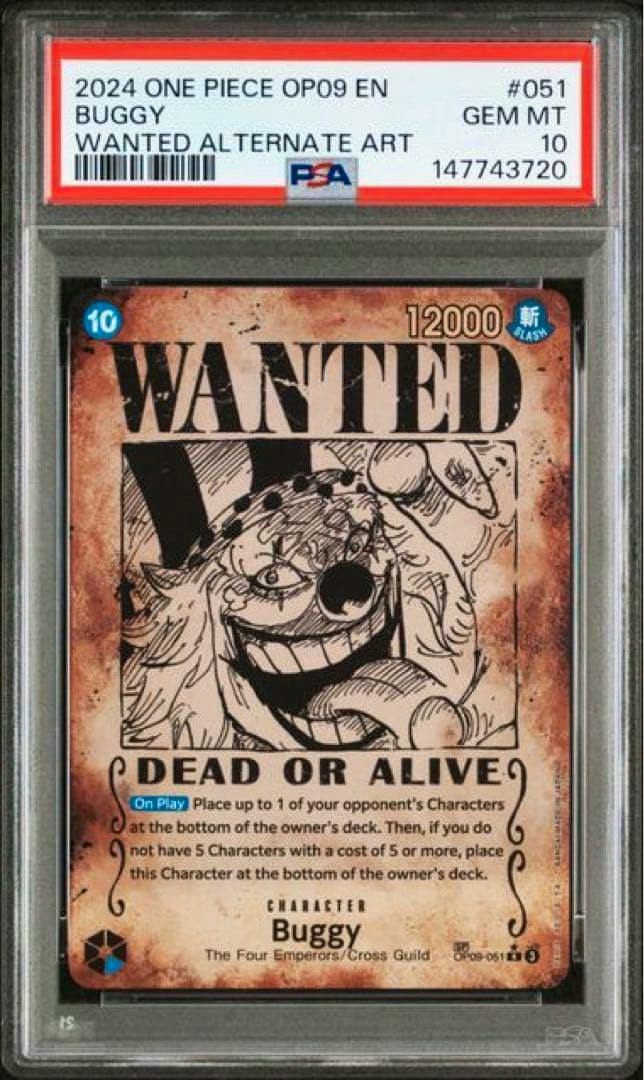Front of a PSA-graded One Piece trading card (Buggy OP09-051) showing the "WANTED" alternate art, card text, and PSA label.