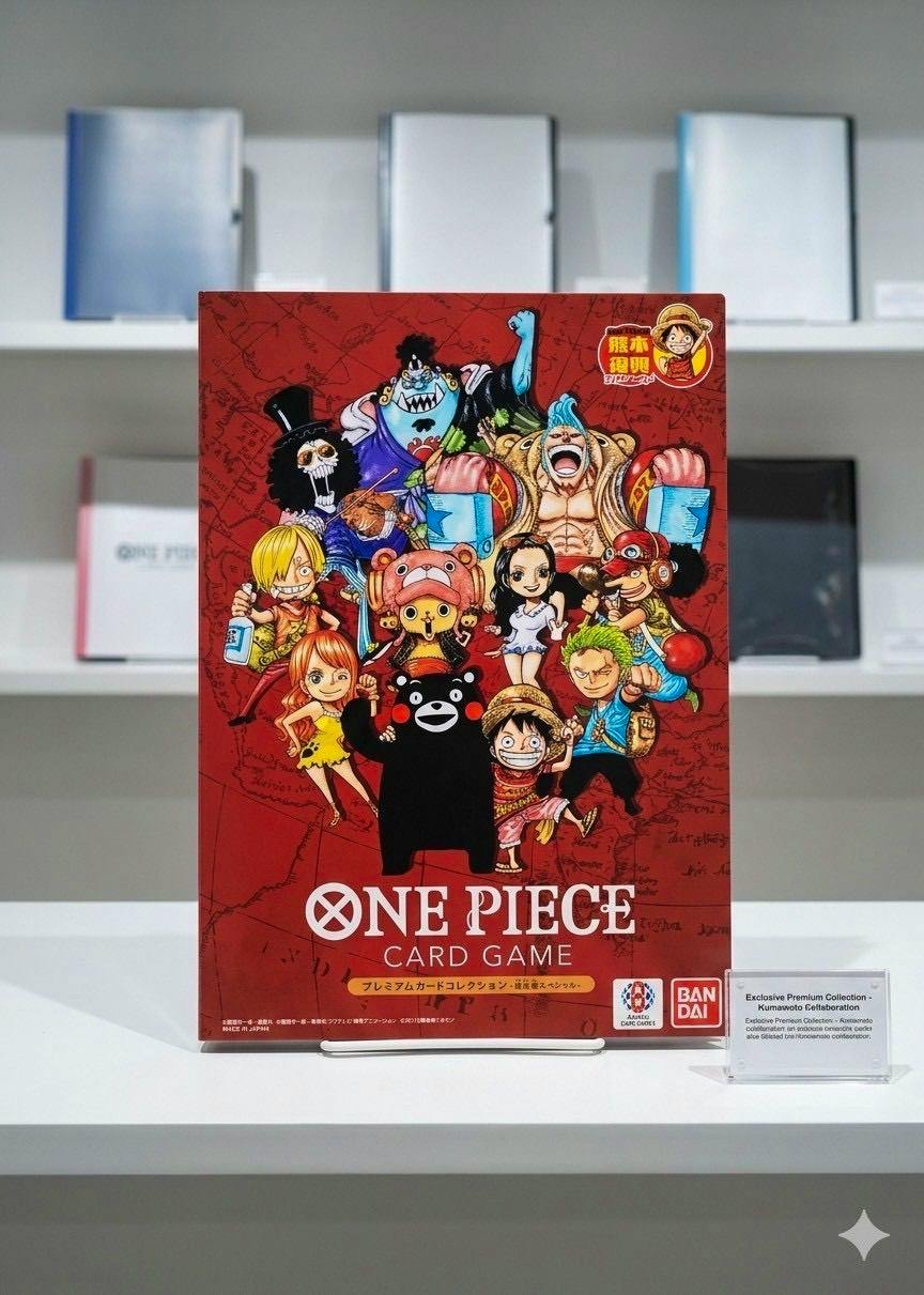 Front view of a red ONE PIECE Card Game box (Kumamoto special) showing Straw Hat characters and Kumamon on a white shelf with a small display plaque.