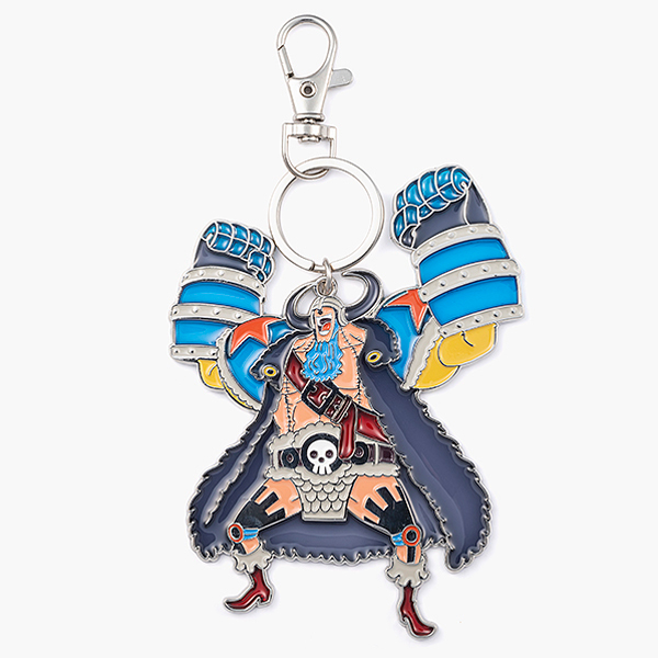 Stained-glass-style metal keychain of Franky from One Piece, front view with large mechanical arms and a metal ring and clasp.