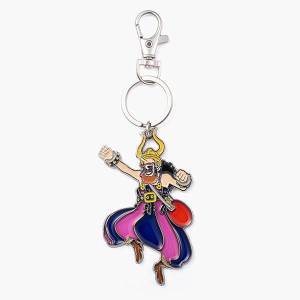 Studio photo of a stained-glass-style metal keychain depicting Usopp with a split ring and lobster clasp.