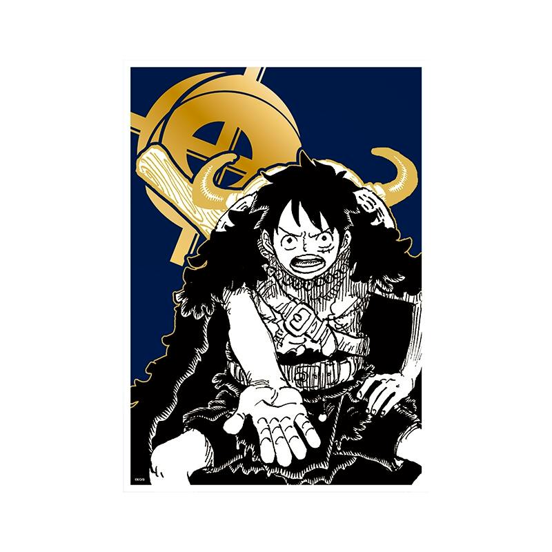 Front of a ONE PIECE foil-stamped illustration card showing a character reaching forward against a navy background with a gold gold emblem.