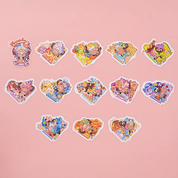 Thirteen die-cut HARAJUKU CHOPPER stickers arranged on a pink background.