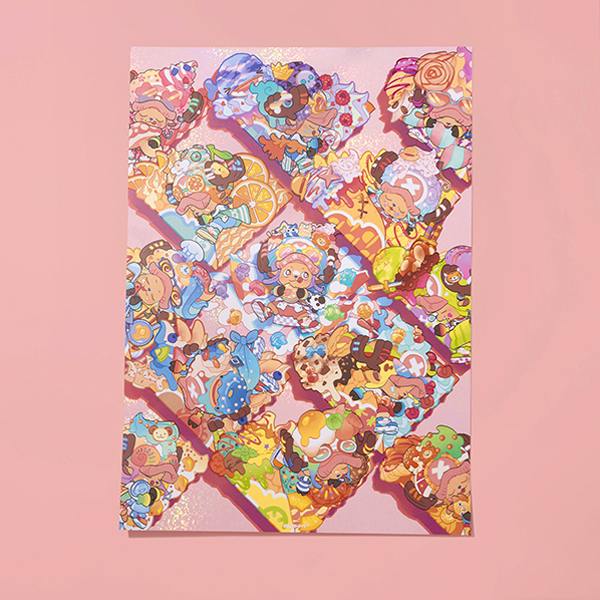 A photo of the Harajuku Chopper (2nd anniversary) poster on a pink background showing many colorful Chopper illustrations.
