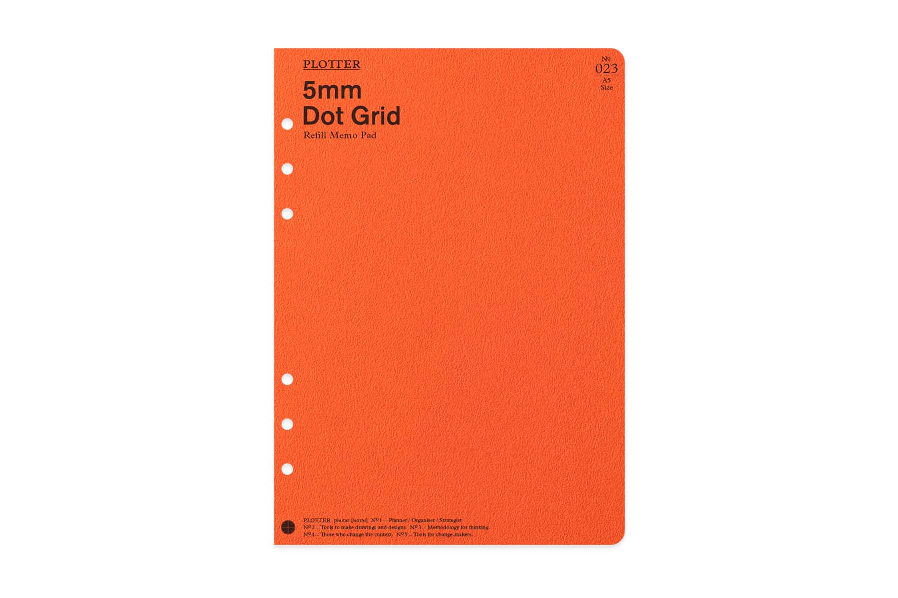 Orange A5 refill memo pad with "5mm Dot Grid" printed on the front and punched binder holes along the left edge.