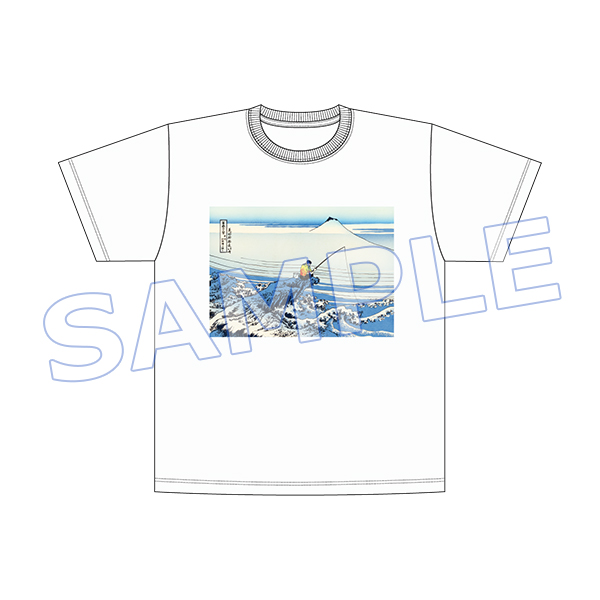 White men's T-shirt mockup showing the printed オノ・タコ描き下ろしイラスト 富嶽三十六景 甲州石班澤の捩り design with a SAMPLE watermark.