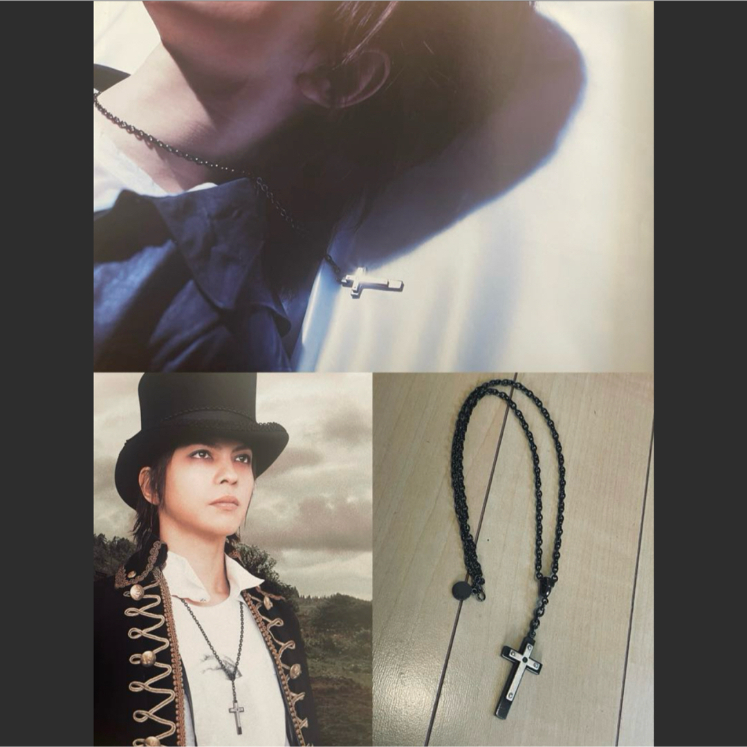 Collage showing a person wearing the black onyx cross necklace in two photos and a separate photo of the black cross necklace laid flat on a wooden floor.