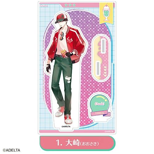 Acrylic character stand of Osaki shown on a decorative backing card with the separate base pieces visible.