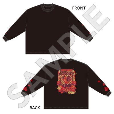 Mockup illustration showing the front and back of a black long-sleeve sweater with a colorful back print and red sleeve designs, labeled SAMPLE.