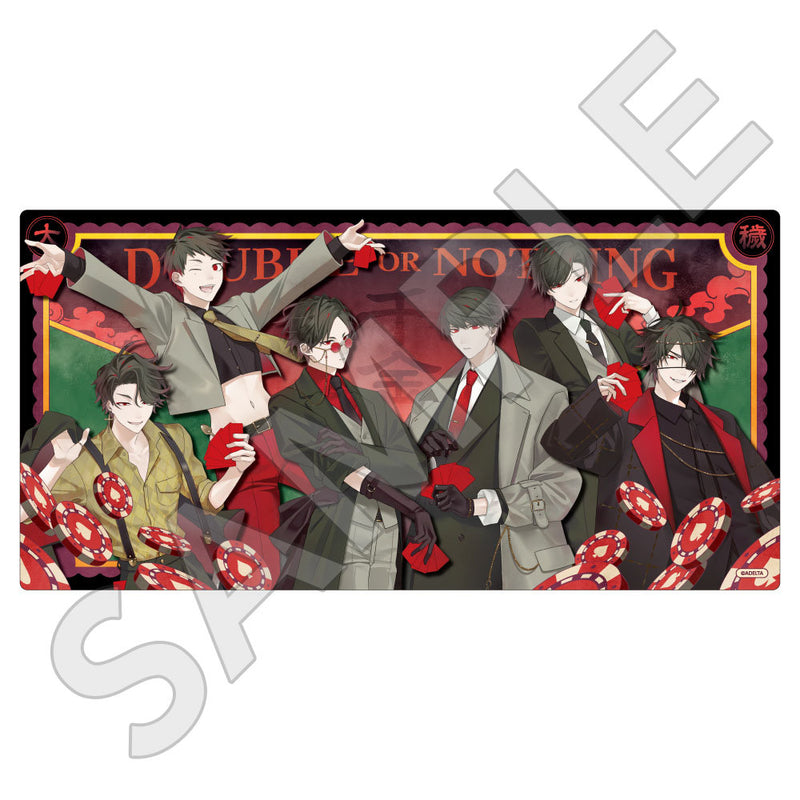 A polyester desk mat (playmat) printed with six stylized male characters in suits and red poker chips on a decorative background.