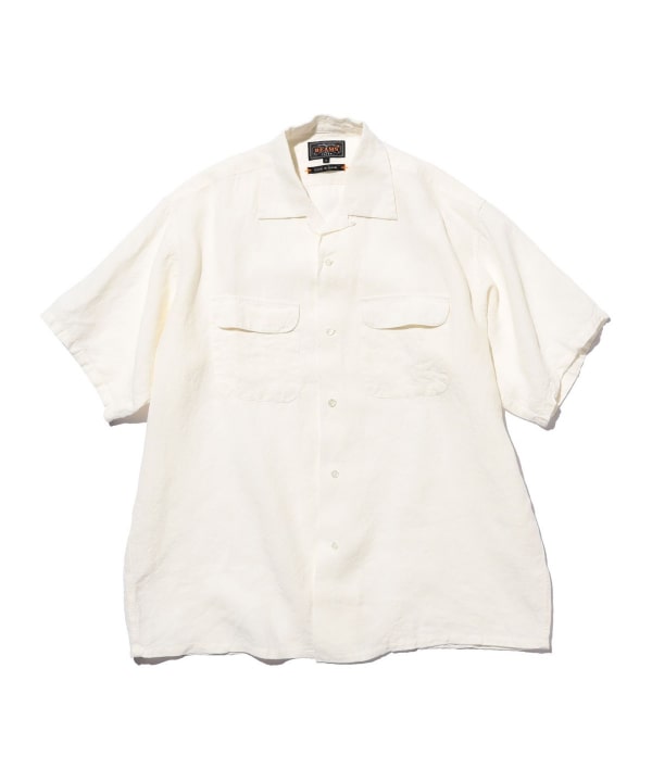 A white open-collar short-sleeve linen shirt laid flat on a white background.