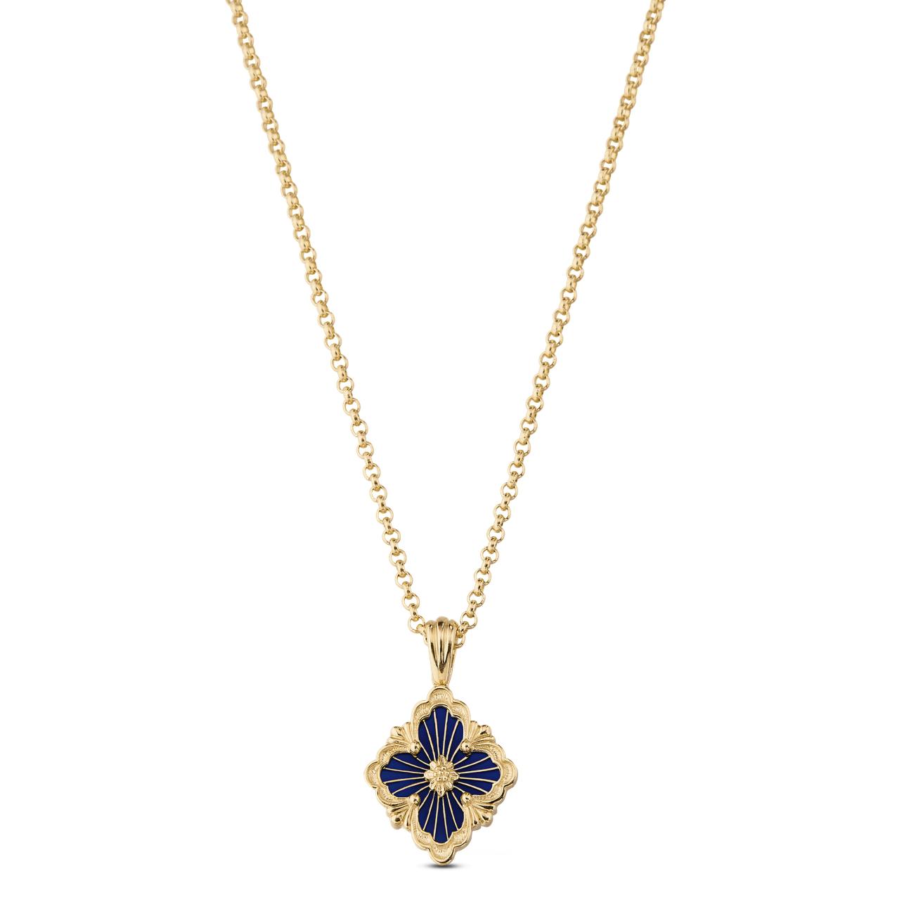 Studio image of a yellow gold necklace showing a blue enamel pendant on a white background.