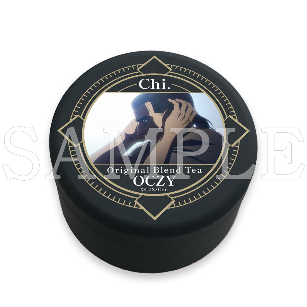 Black printed tea tin for the 'Chi.' original blend tea featuring a character illustration on the lid.