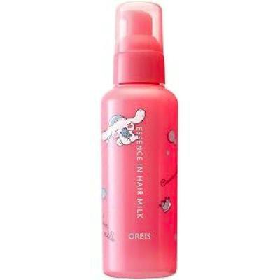 Pink Orbis Essence In Hair Milk leave-in treatment bottle with Sanrio character illustrations and a clear plastic pump cap.