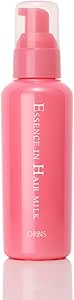 Pink pump bottle of Orbis Essence In Hair Milk hair treatment.