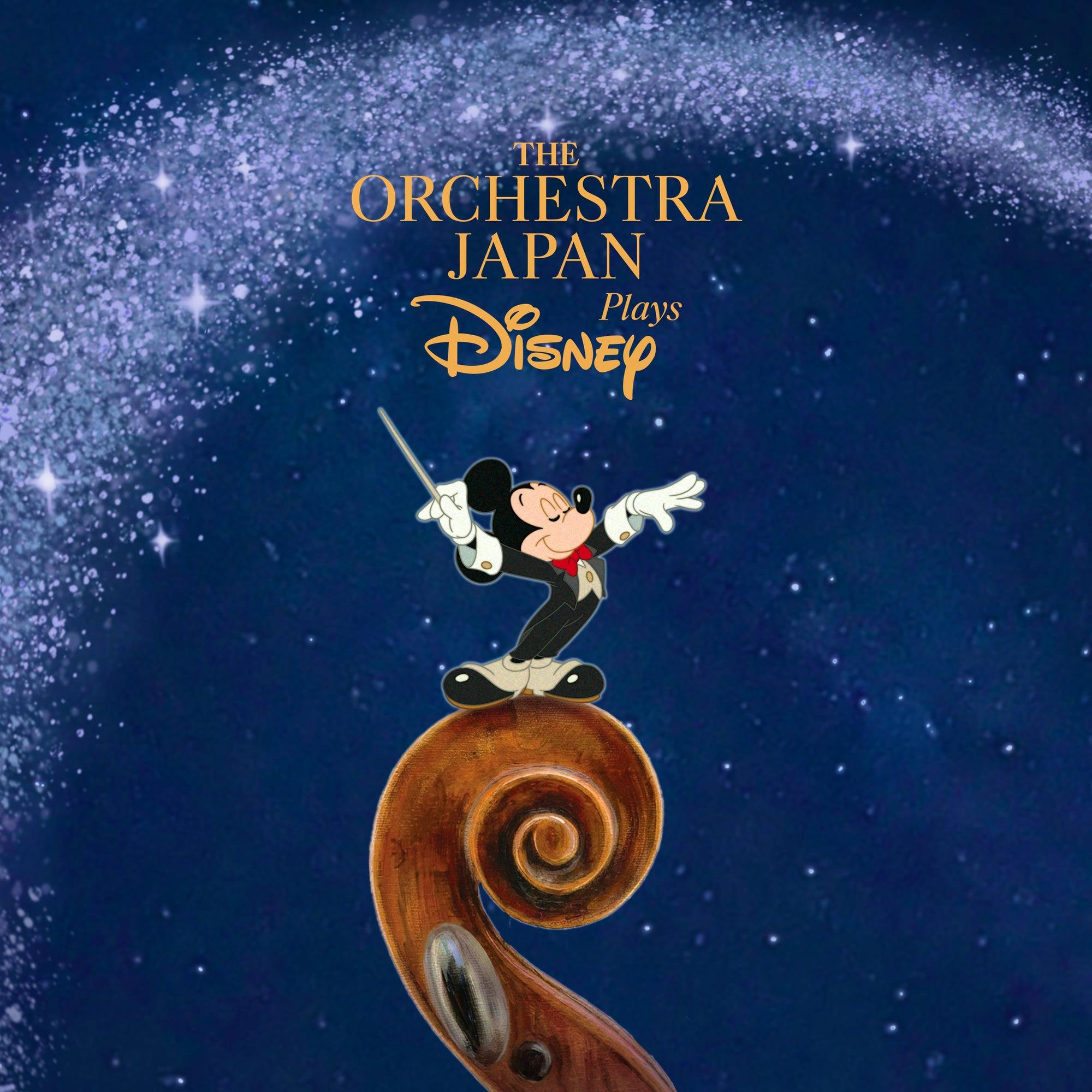 CD cover artwork with a dark blue starry background and the title "THE ORCHESTRA JAPAN Plays Disney".