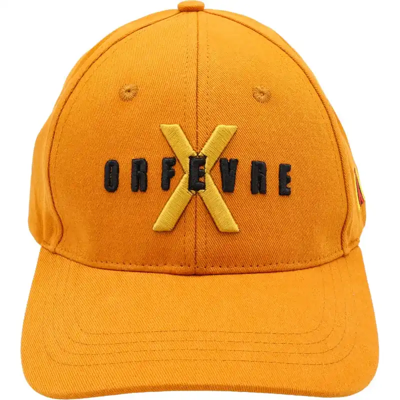 Front view of the brown cotton cap showing embroidered "ORFEVRE" text with a yellow X on the front.