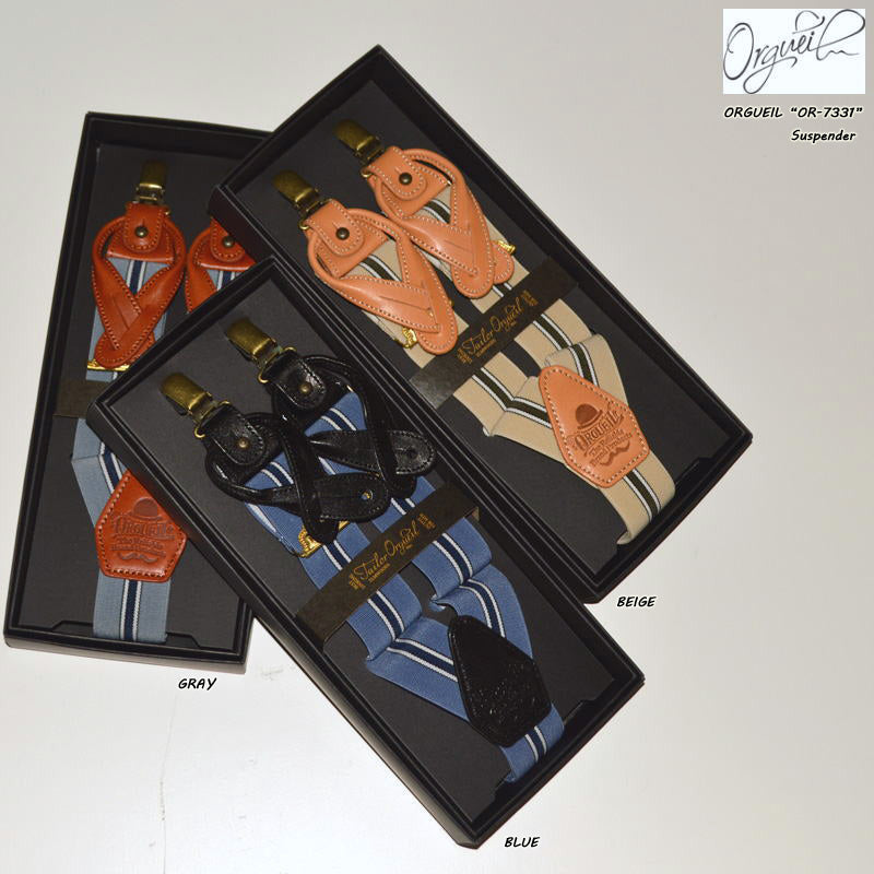 Three ORGUEIL "OR-7331" suspenders in different color variants displayed in individual boxes on a white background.