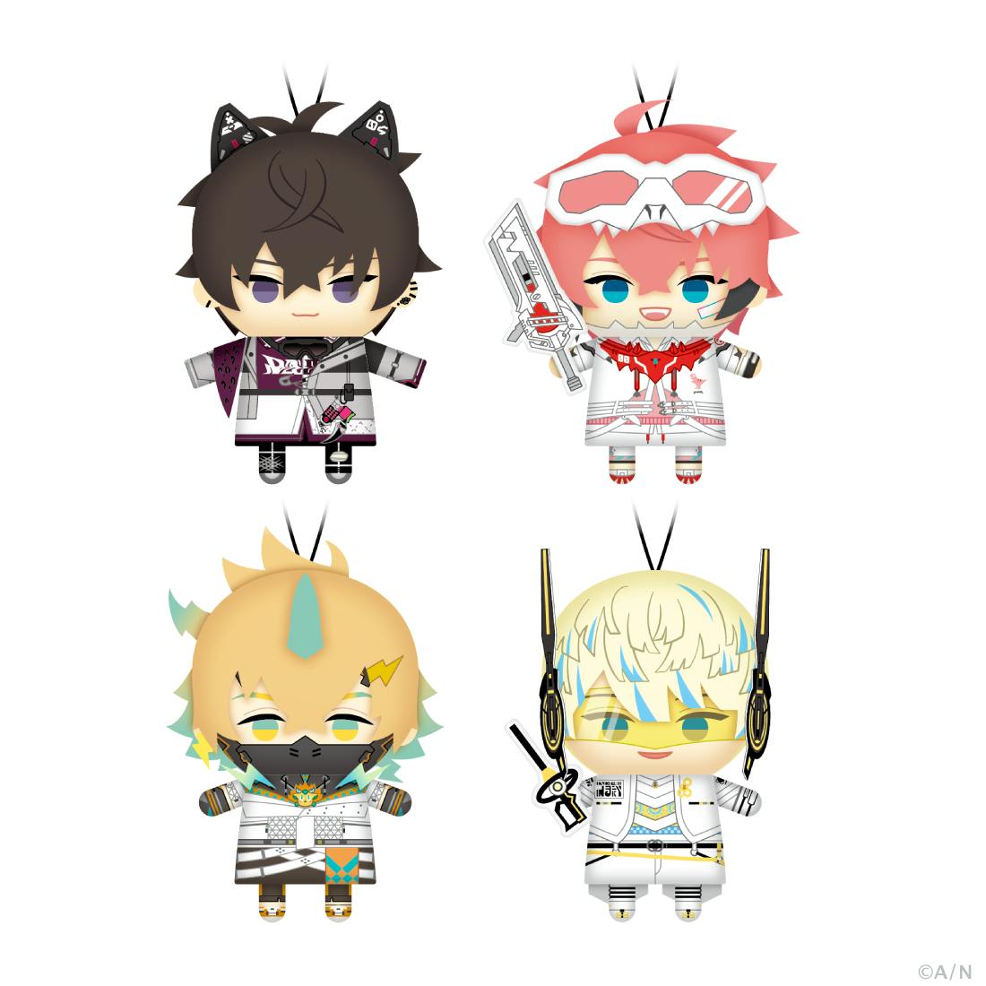 Four illustrated chibi plush keychain designs are shown hanging against a white background.