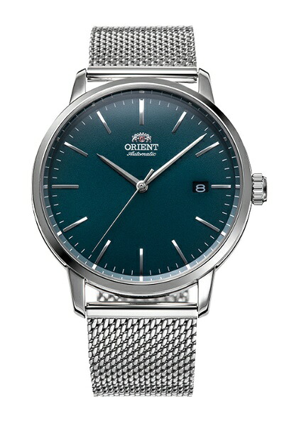 Front view of an Orient automatic wristwatch with a green dial, silver hour markers, a date window at 3 o'clock, and a silver mesh bracelet.