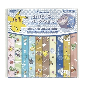 Packaged origami paper set showing multiple patterned sheets with Pokémon characters and Japanese-style designs.