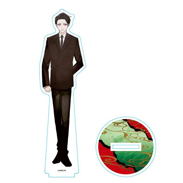 A cutout acrylic stand showing the character in a suit alongside its round decorative base.
