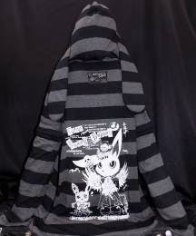 Black and gray striped men's hooded sweatshirt (L) with a white illustrated graphic on the front, displayed against a dark background.