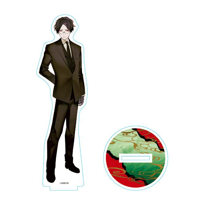 A photo of an acrylic character stand showing a full-body illustration of a man in a suit alongside a separate round decorative base.