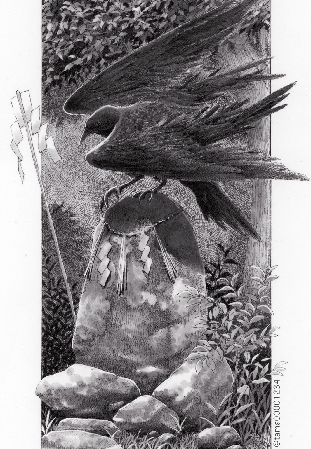 Black-and-white hand-drawn illustration of a crow above a decorated stone surrounded by plants.