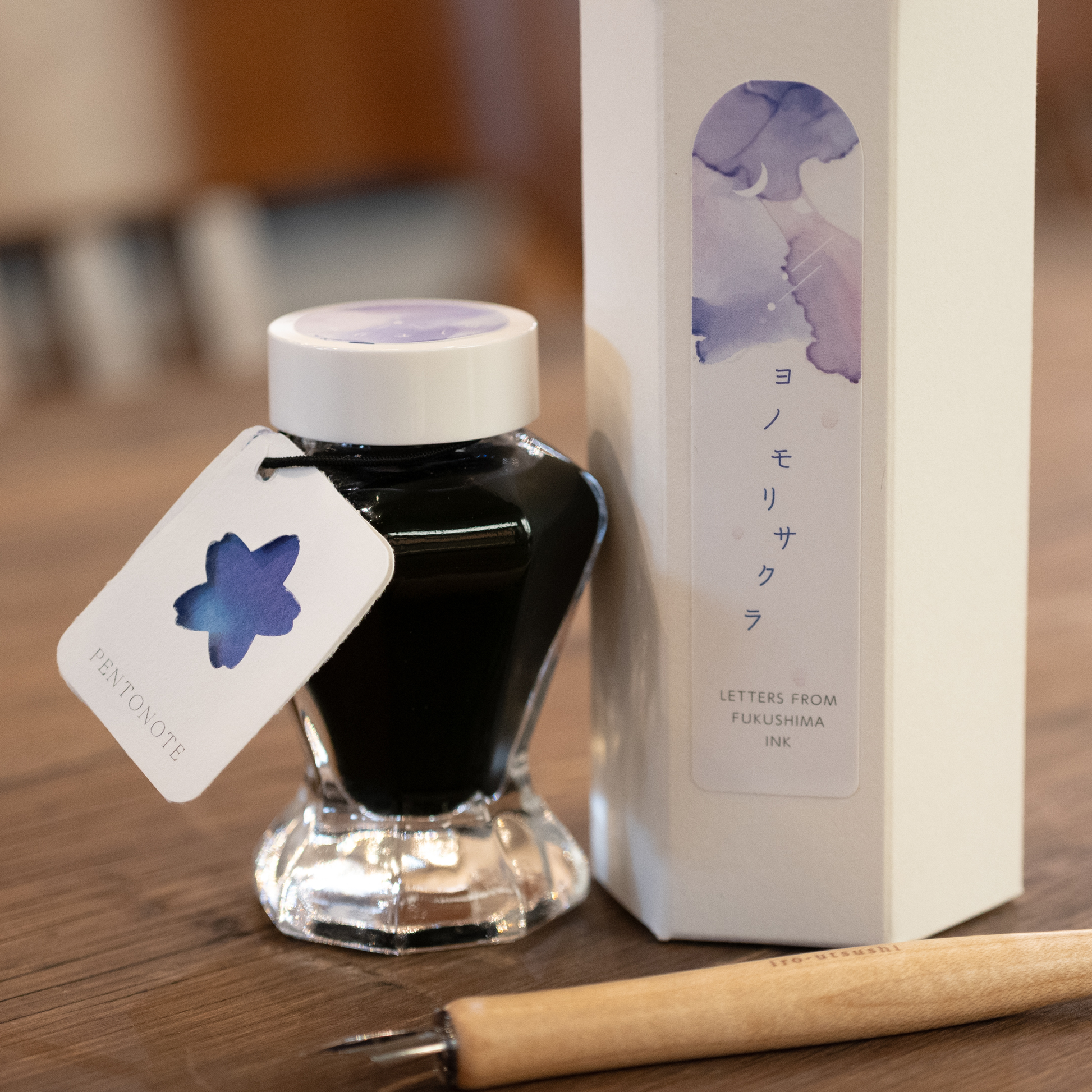 A bottle of fountain pen ink with its white packaging box and a wooden dip pen on a wooden surface.