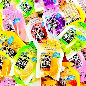Assorted Orihiro konjac jelly pouches in various fruit flavors and colors spread together.