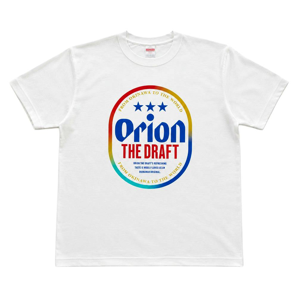 White men's T-shirt with a colorful circular "Orion THE DRAFT" logo printed on the chest.