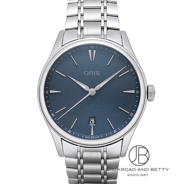 Front view of an ORIS Artelier Date watch with a blue textured dial and stainless steel bracelet on a white background.