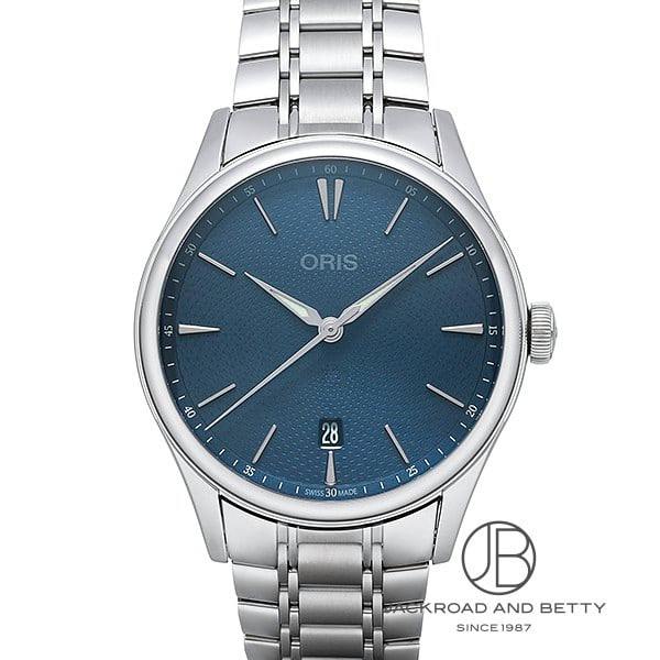 Front view of the Oris Artelier Date watch with a blue textured dial, hour and minute hands, a date window at 6 o'clock, and a metal bracelet.