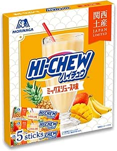 Front view of the Hi-Chew mixed juice flavor packaged candy box showing a glass of juice and illustrations of pineapple, mango, and banana.