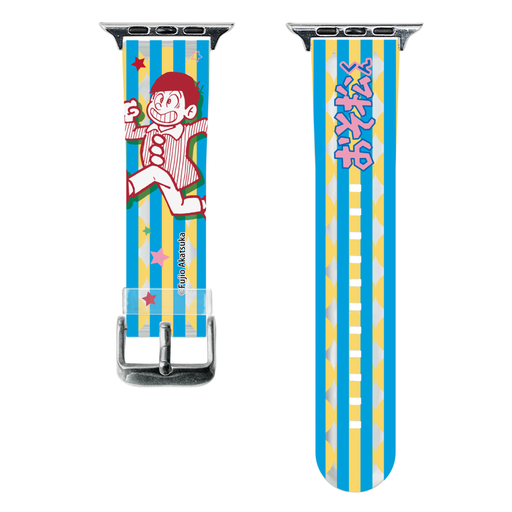 Plastic smartwatch band shown front and back with blue and yellow stripes and an Osomatsu-kun face graphic on a black background.