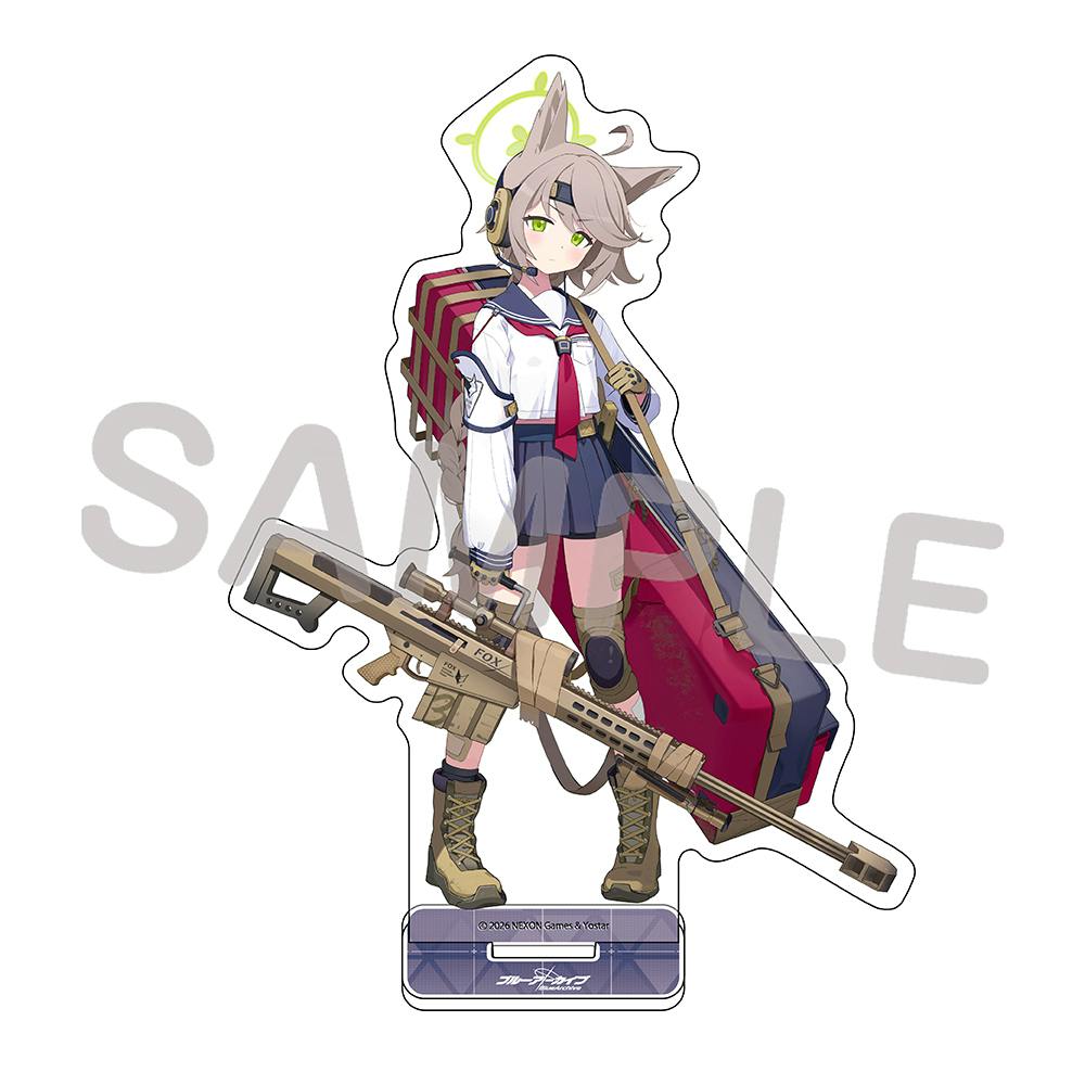 A full-body acrylic stand of an anime-style girl wearing a sailor uniform and boots, holding a large rifle and a red case, shown with its display base.