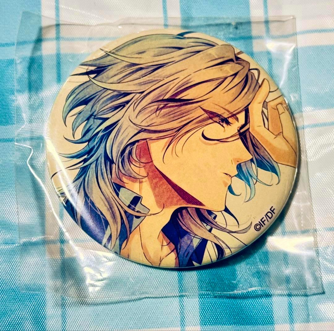 Round can badge of Anri from the Otomate Piofi visual fanbook showing a colored side-profile illustration in sealed plastic on a blue checkered background.