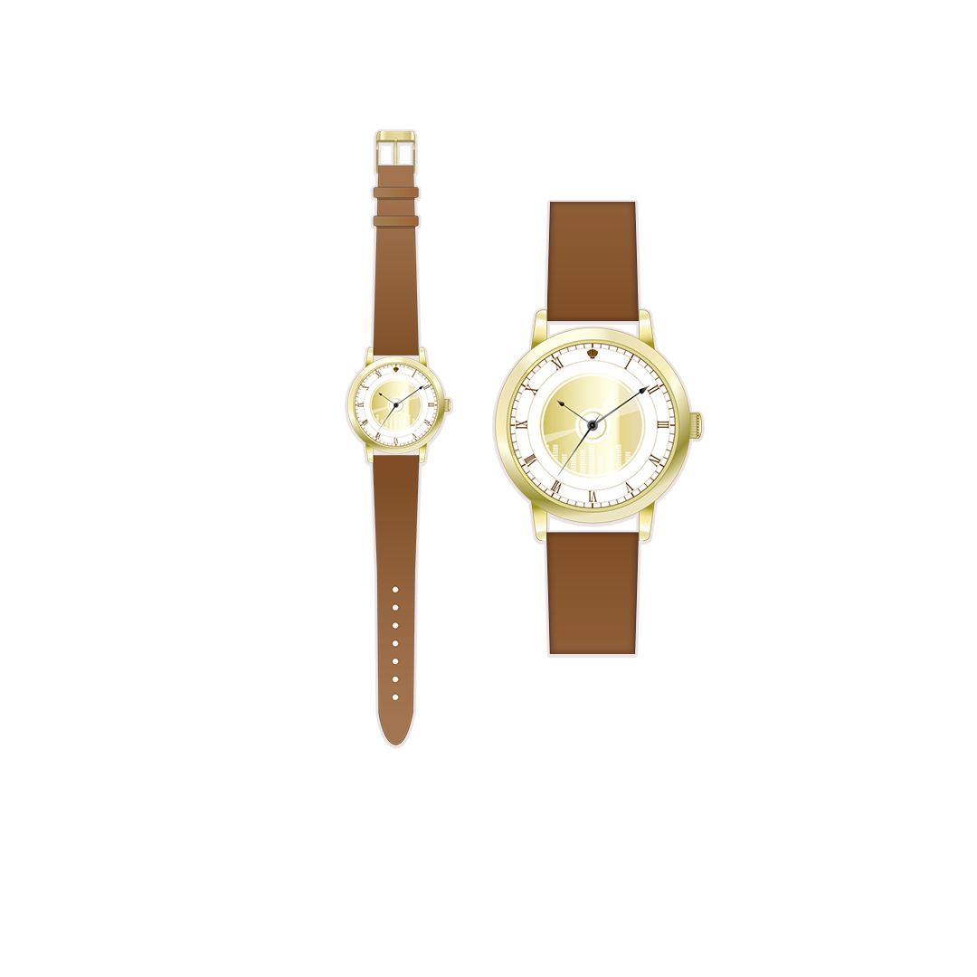Illustration of a gold-cased wristwatch with a brown strap shown full-length and as a close-up on a black background.