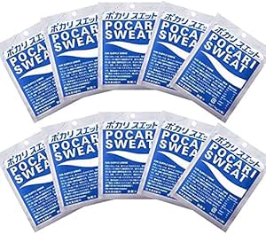 Multiple Pocari Sweat powder sachets arranged in a fan showing blue-and-white packaging.