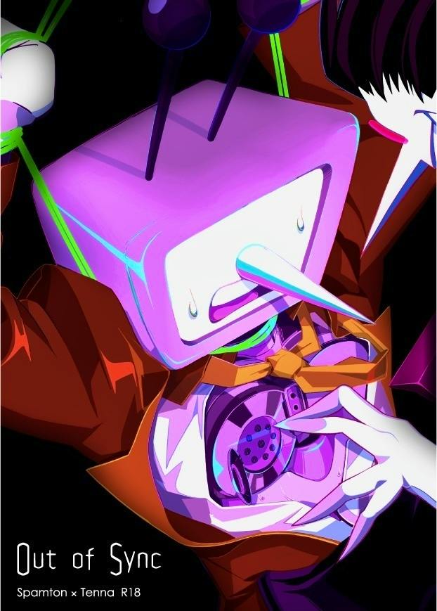 Book cover illustration of a stylized character with a TV-shaped head and an opened chest showing mechanical components, with the title "Out of Sync" visible.