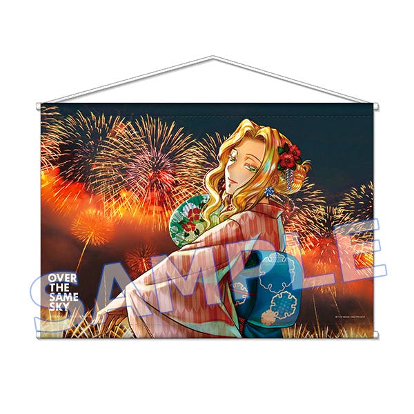 B2 tapestry showing an illustrated character wearing a kimono with fireworks in the background.