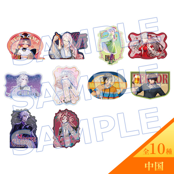 Photo of ten illustrated stickers arranged on a white background with a large SAMPLE watermark, showing various character designs.