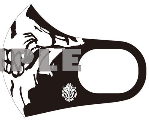 Black and white fashion face mask showing a skull-style Ainz Ooal Gown design and small emblem.