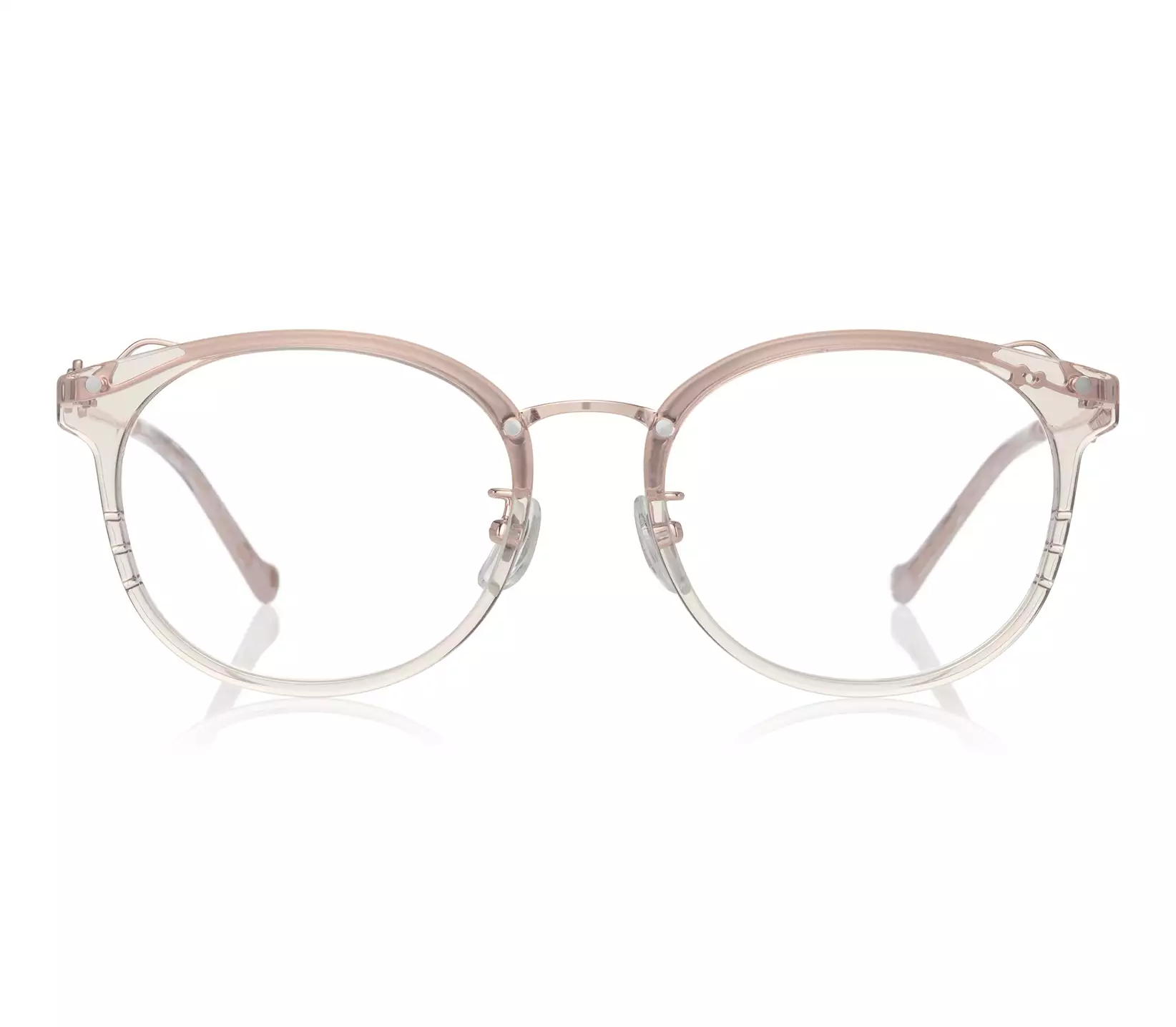 Front-facing photo of OWNDAYS × Hello Kitty glasses frame in translucent pink on a white background.