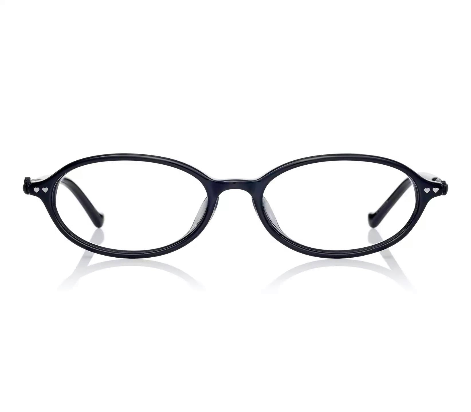Front view of the OWNDAYS × Hello Kitty Y2K SR2008X-5A (size M) glasses frame in a dark color with small heart decorations near the temples.