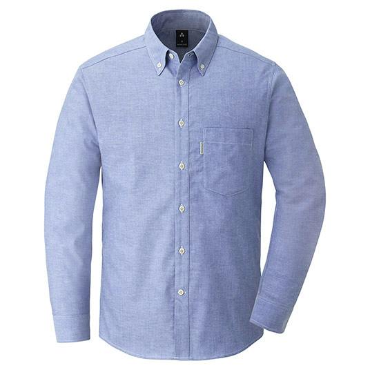 Front view of a light blue men's Oxford button-down long-sleeve shirt with a chest pocket and center buttons.